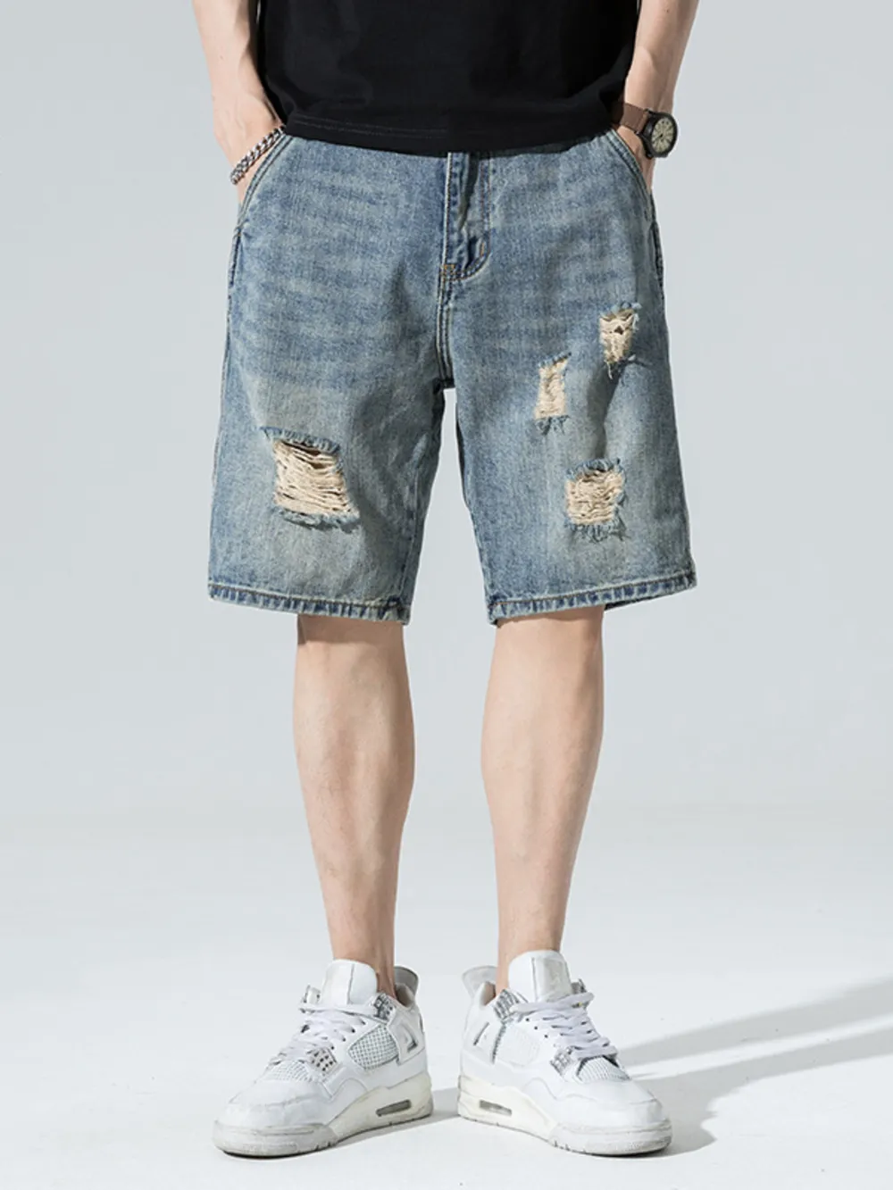 Men's Distressed Wide Leg Denim Shorts