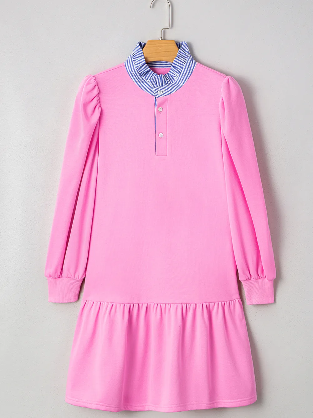 Contrast Striped Collar Patchwork Puff Sleeve Ruffle Hem Mini Dress, image 2