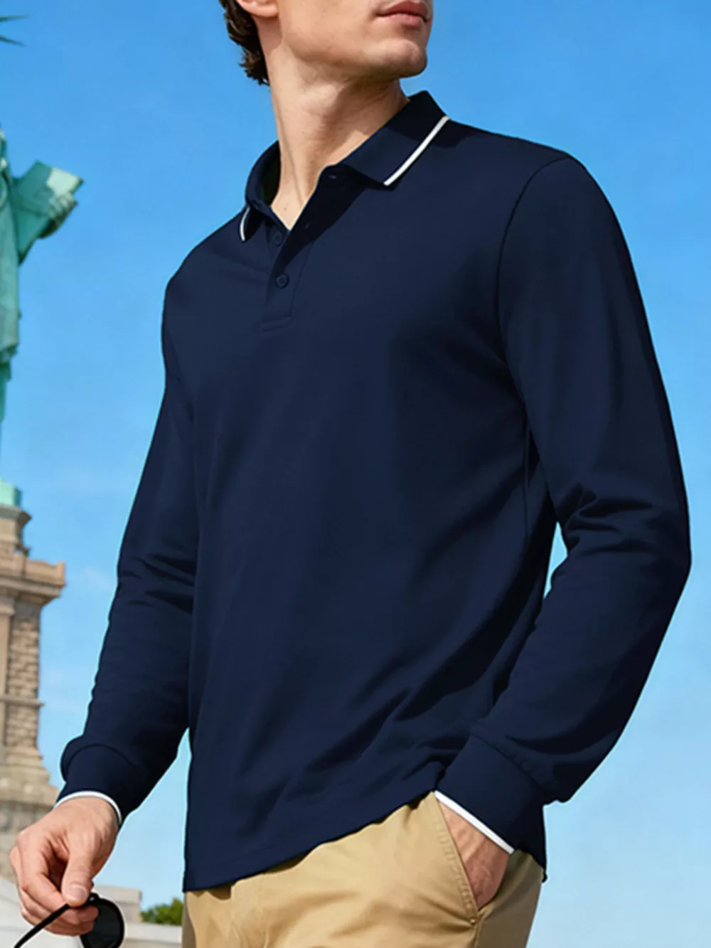 Men's Full Size Classic Long-Sleeve Polo Shirt with Contrast Trim Plus Size, image 11