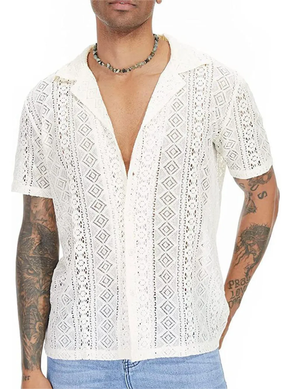Men's Full Size Lace Button Up Short Sleeve Shirt Plus Size, image 3