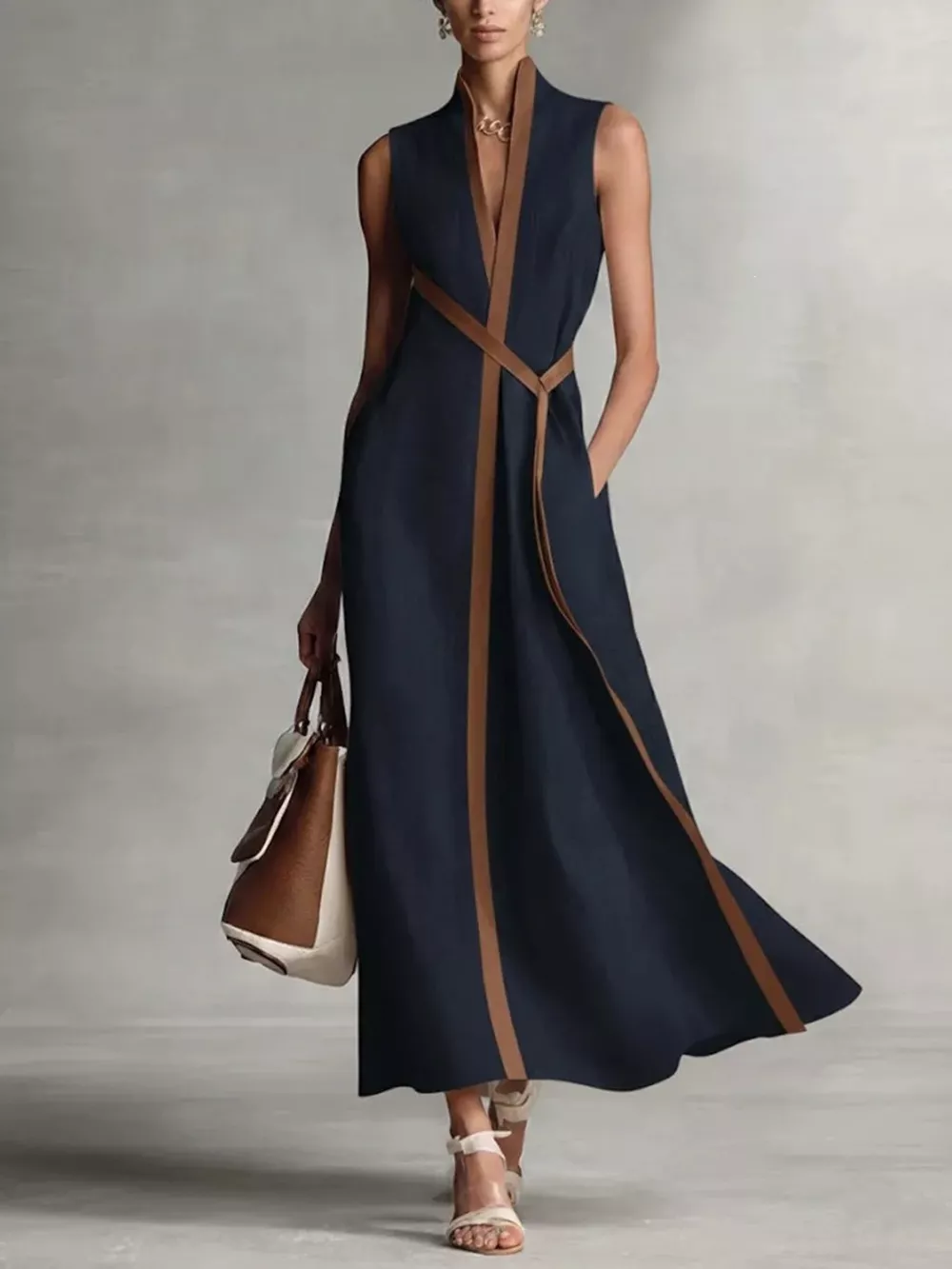 Full Size Sleeveless Wrap Maxi Dress with Contrast Trim Plus Size, image 4