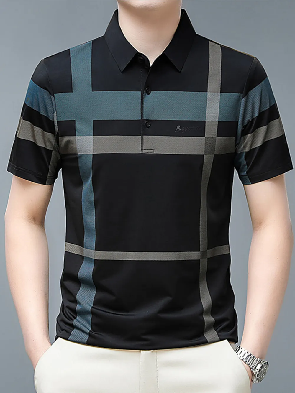 Men's Plus Size Geometric Striped Short Sleeve Polo