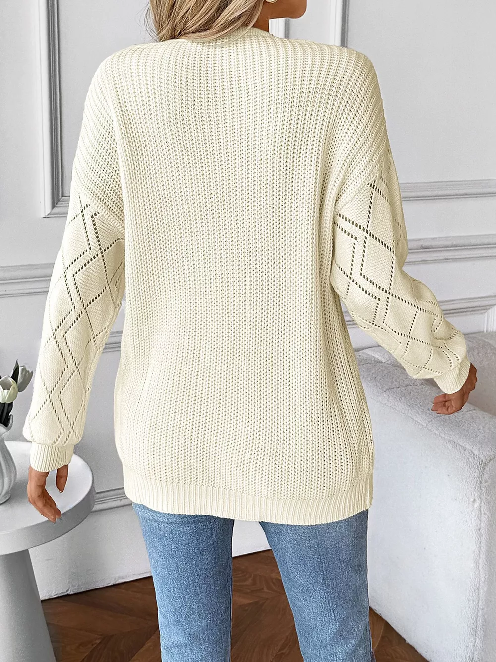 Openwork V-Neck Long Sleeve Sweater, image 6