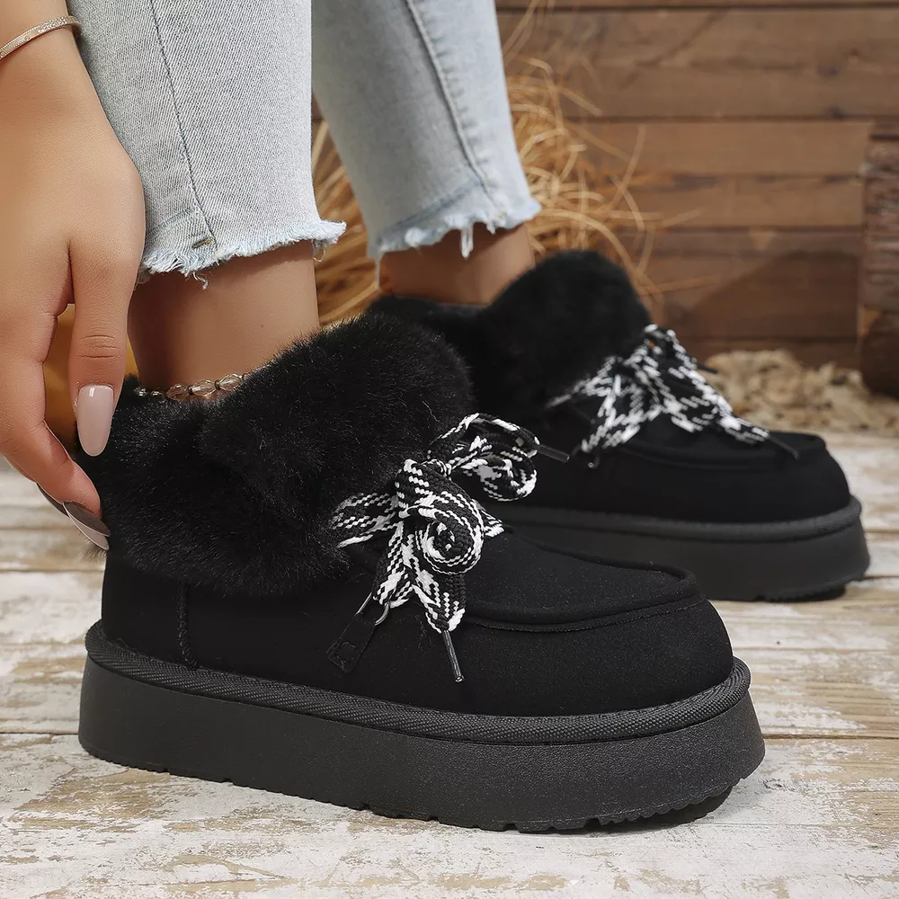 Plush Faux Fur Lined Platform Boots with Ribbon Lacing, image 3