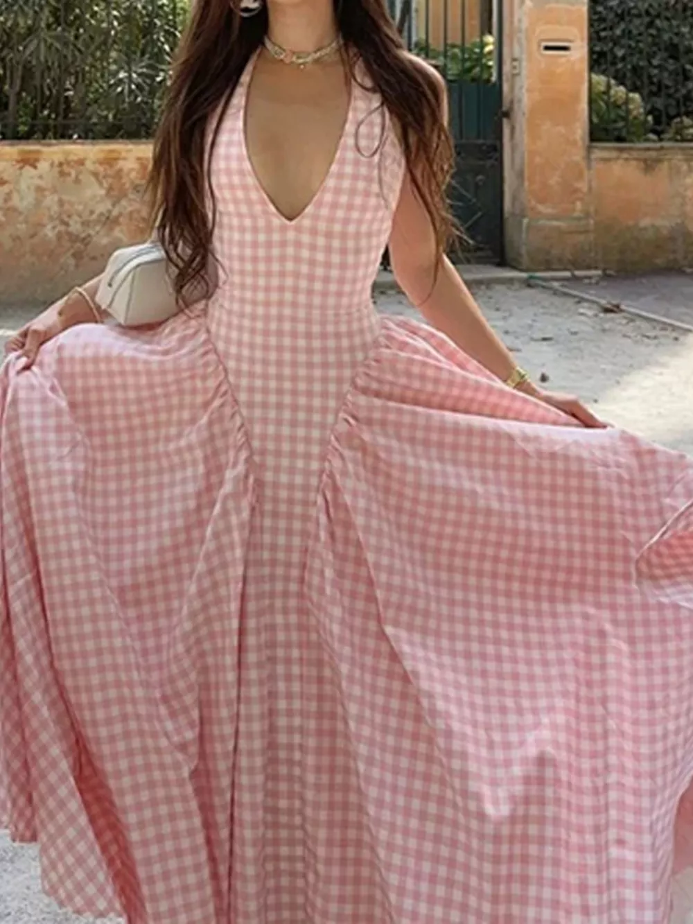 Full Size Gingham Halter Neck Maxi Dress Plus Size, image 3