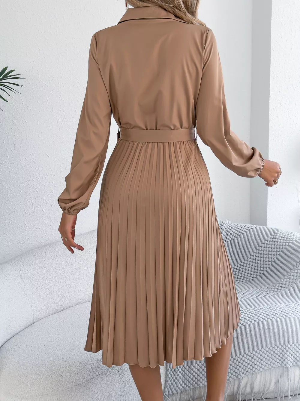 Pleated Tie Waist Balloon Sleeve Dress, image 7