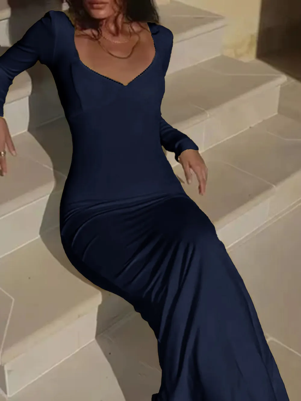Deep-V Long Sleeve Slim Maxi Dress, image 11