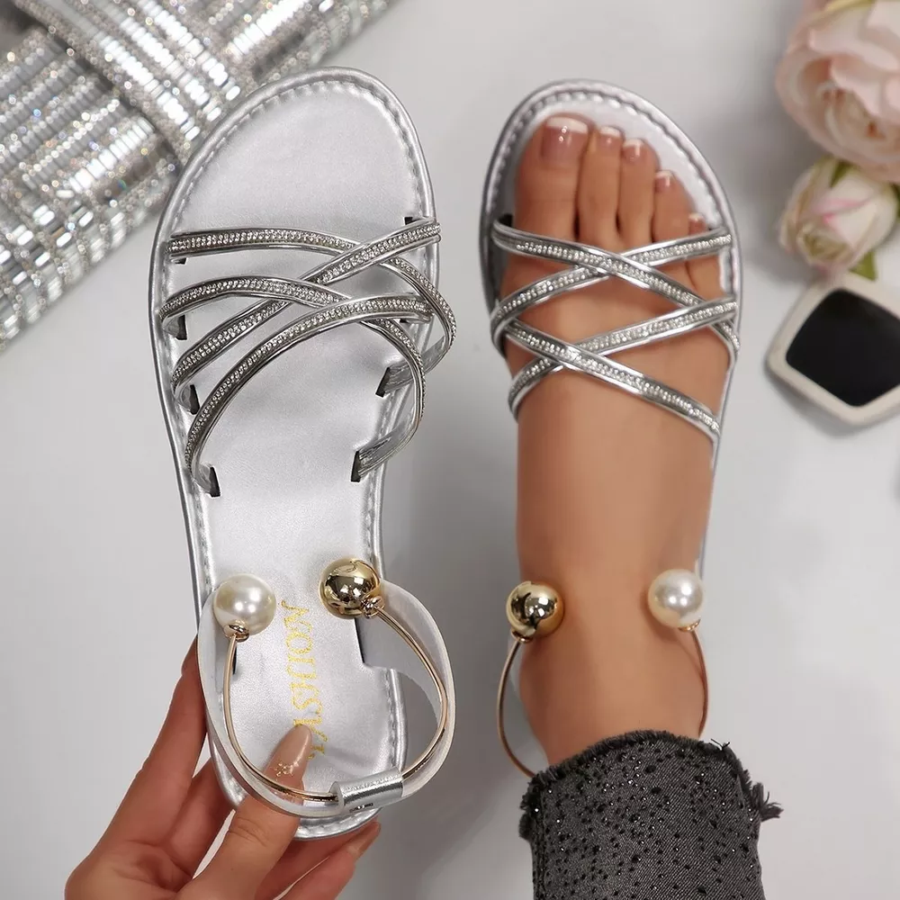 Pearl Embellished Strappy Flat Sandals, image 5