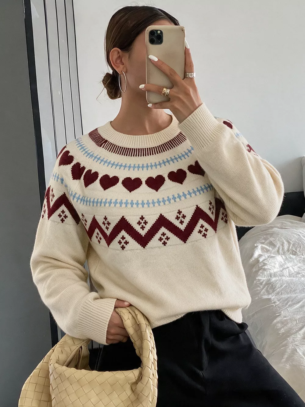 Heart-Patterned Crew Neck Sweater, image 3