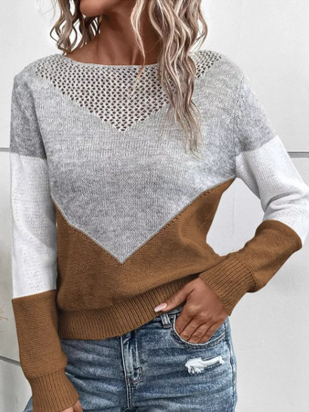 Openwork Color Block Long Sleeve Sweater, image 8