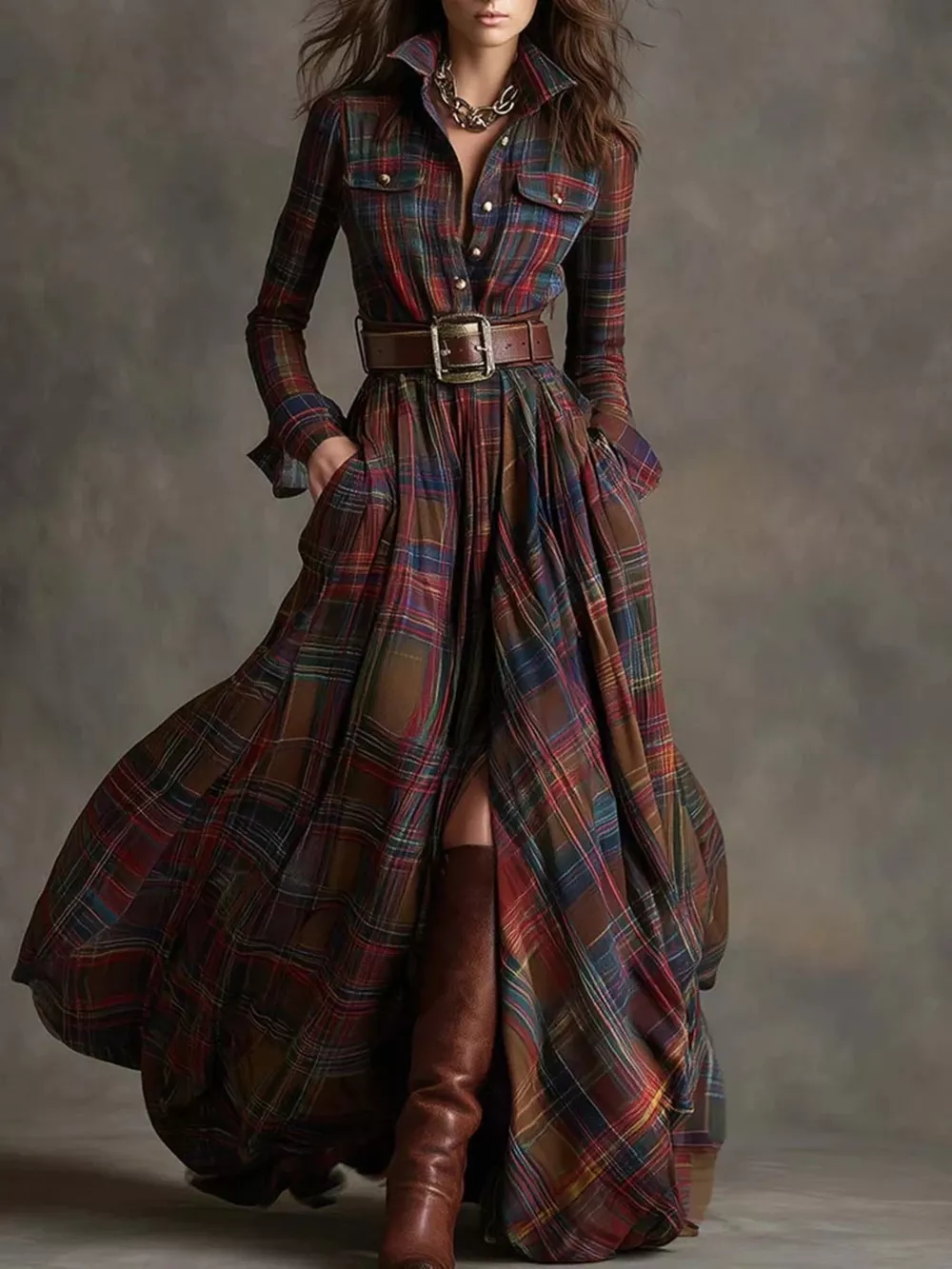 Full Size Plaid Long Sleeve Shirt Maxi Dress Plus Size, image 2