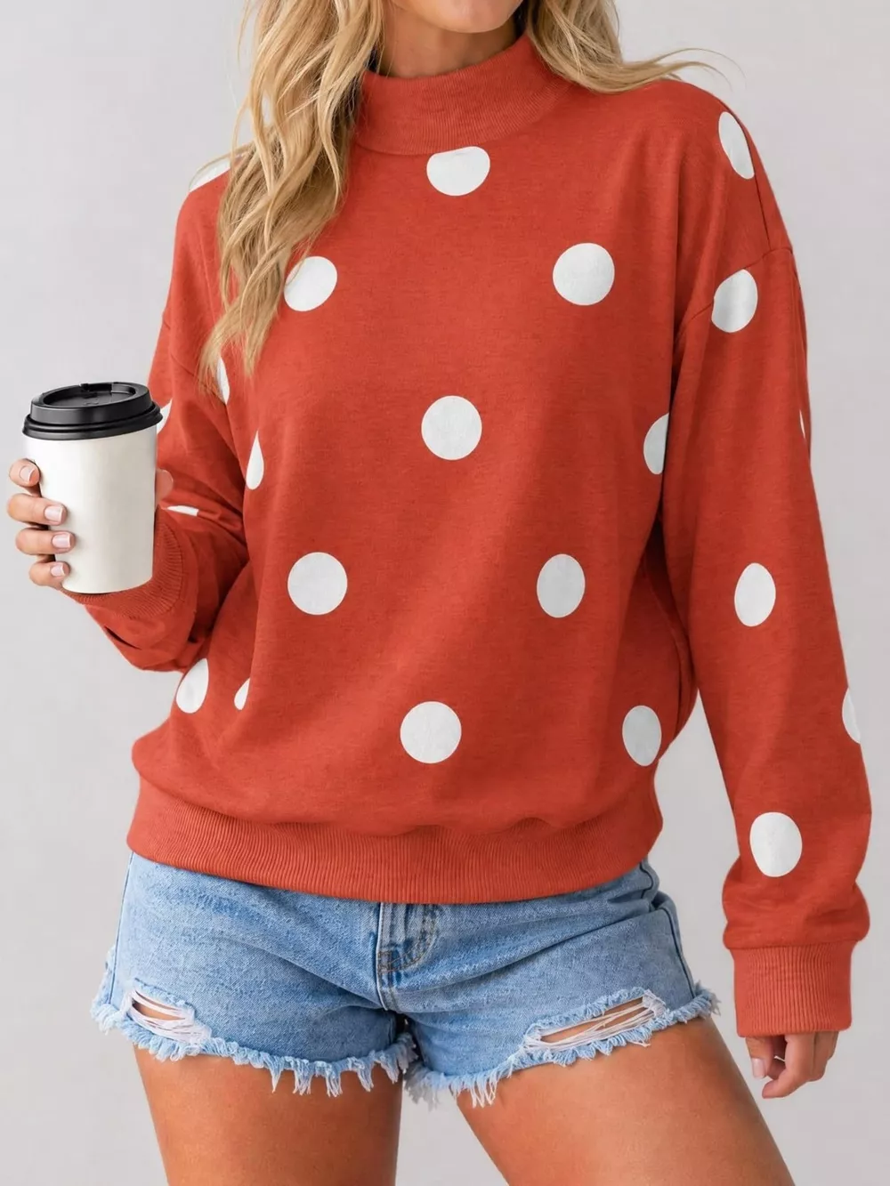 Mock Neck Polka Dot Print Oversized Sweatshirt, image 9