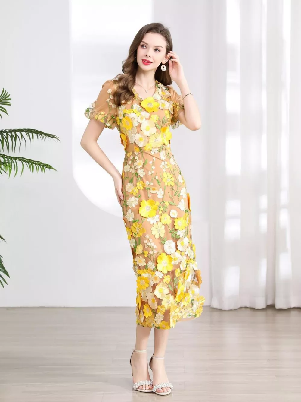 Floral Embroidered Puff Sleeve Midi Dress, image 7