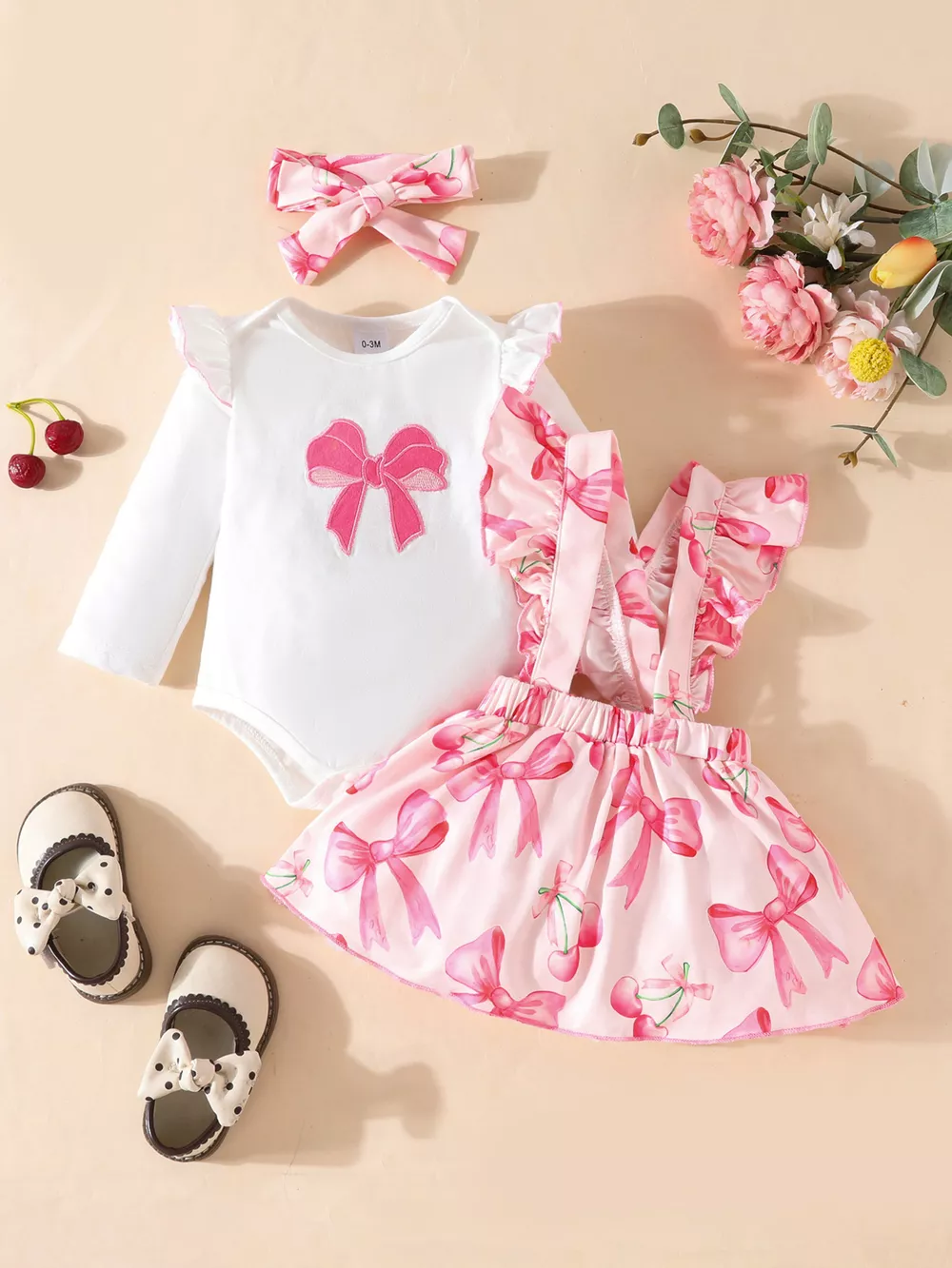 Children's Bowknot Print Ruffle Trim 3 Piece Set