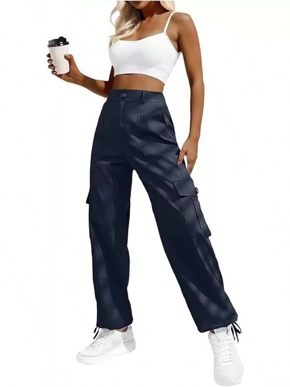 High-Waisted Cargo Pants with Drawstring Cuffs, image 11