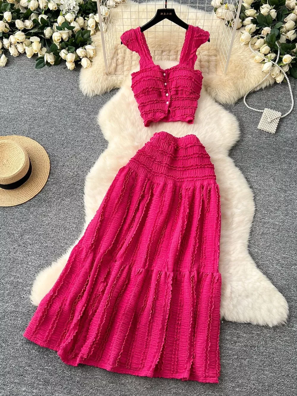 Textured Crop Top and Tiered Skirt Set, image 2