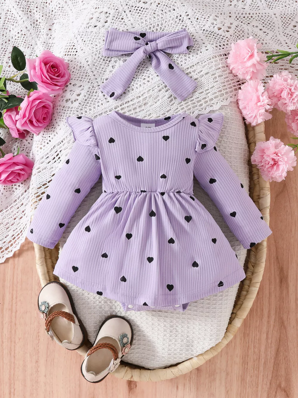 Children's Heart Print Ruffle Trim Bodysuit Dress with Headband, image 14