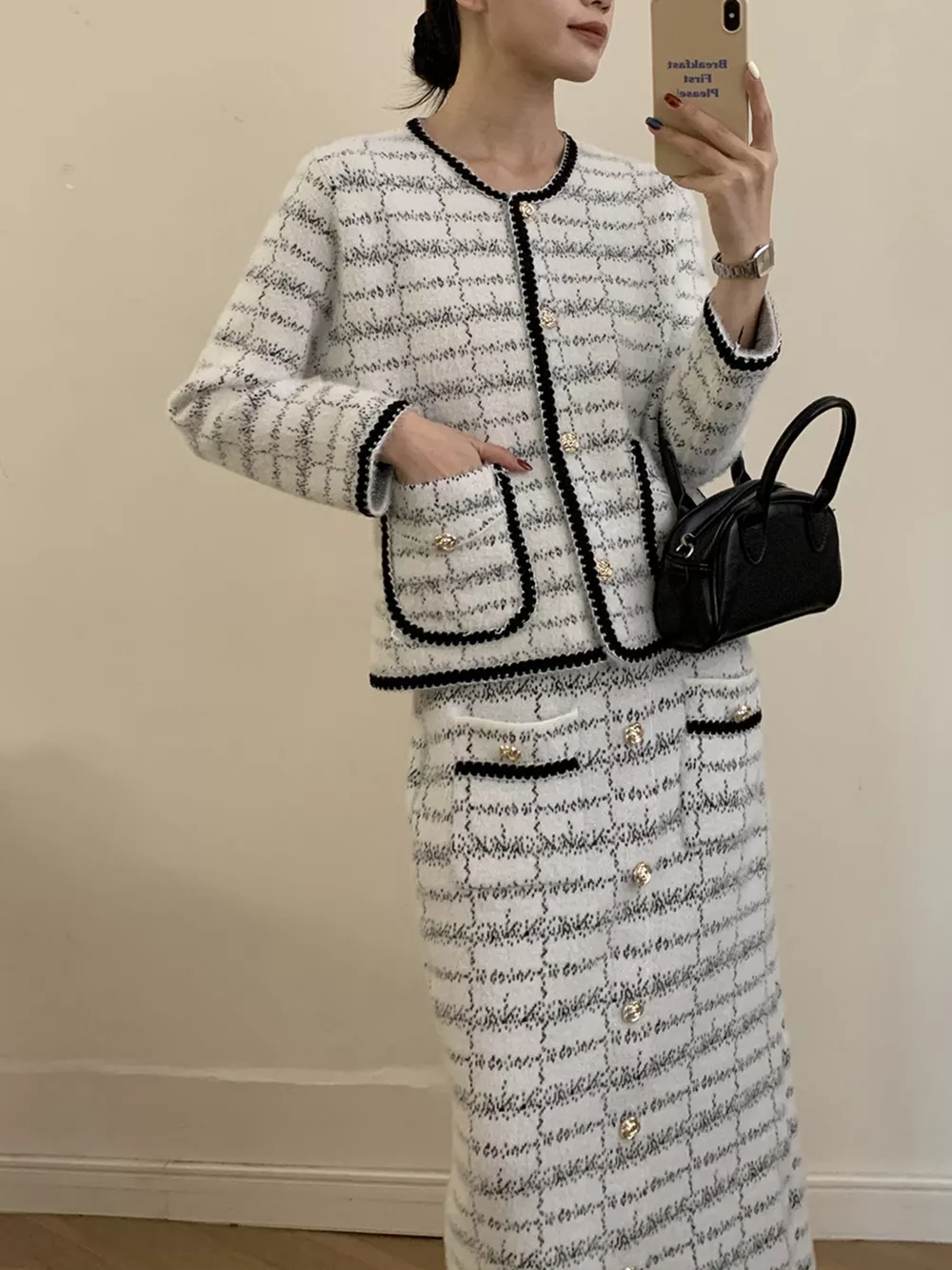 Tweed Contrast Trim Jacket and Skirt Set, image 11