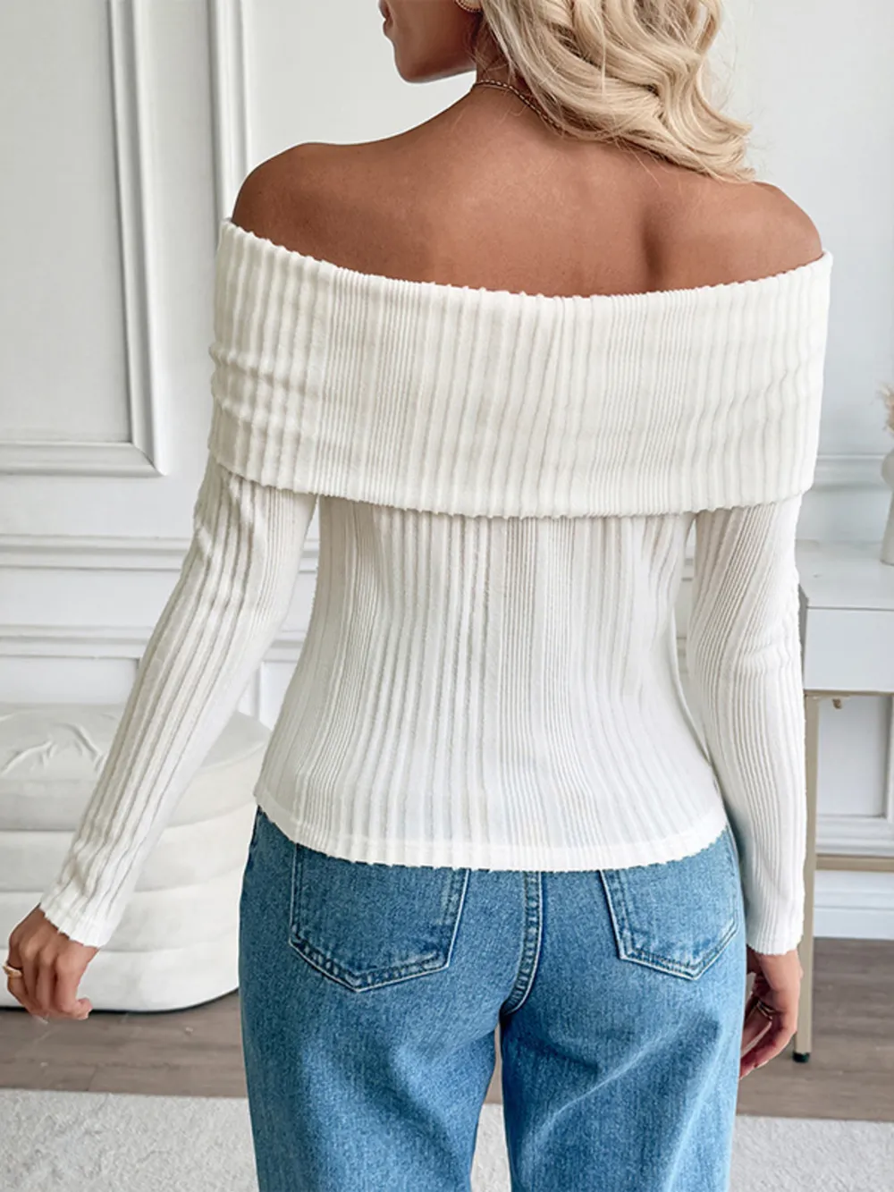 Off-Shoulder Ribbed Knit Top, image 2