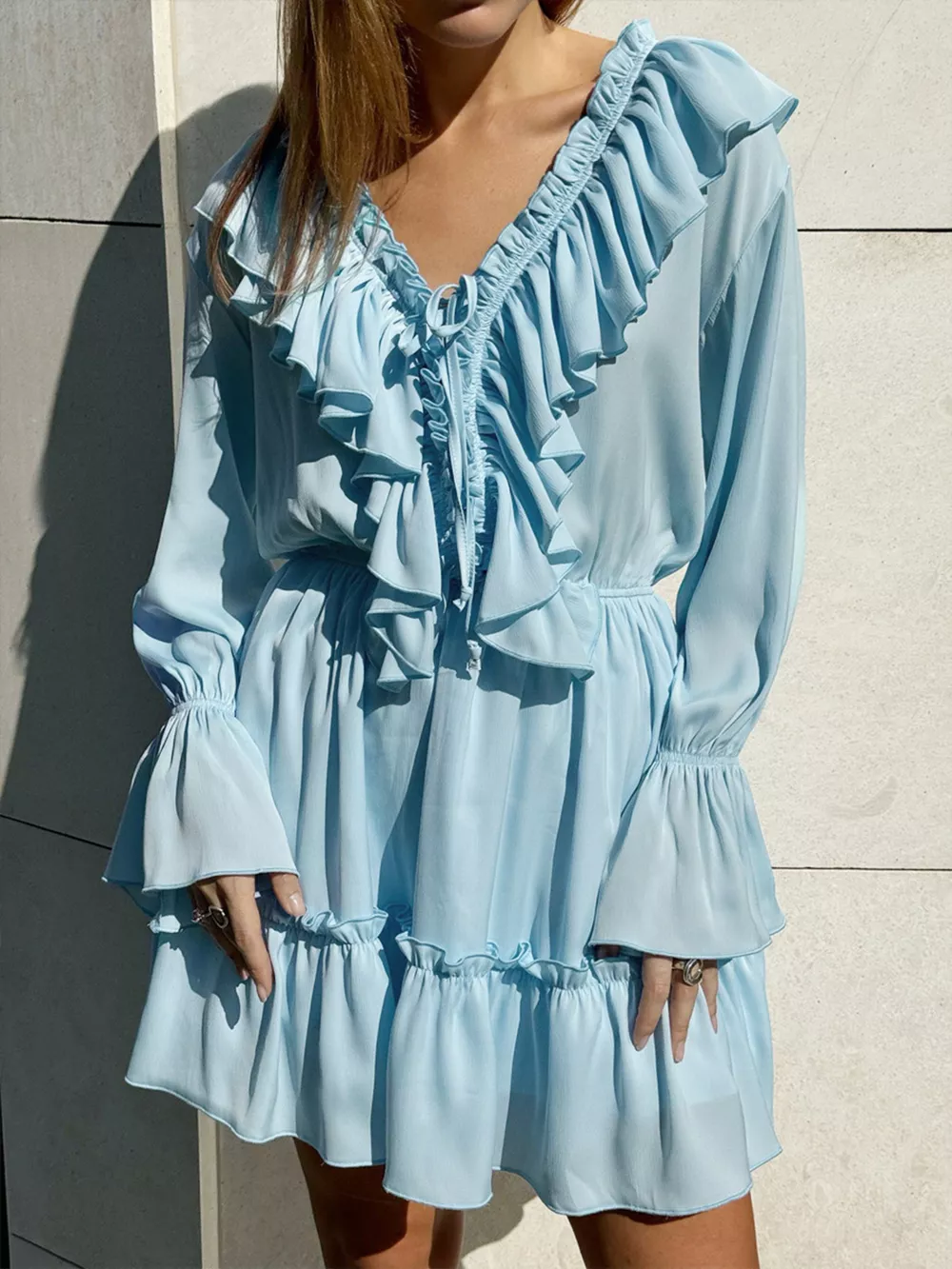 Ruffled V-Neck Long Sleeve Mini Dress, image 4