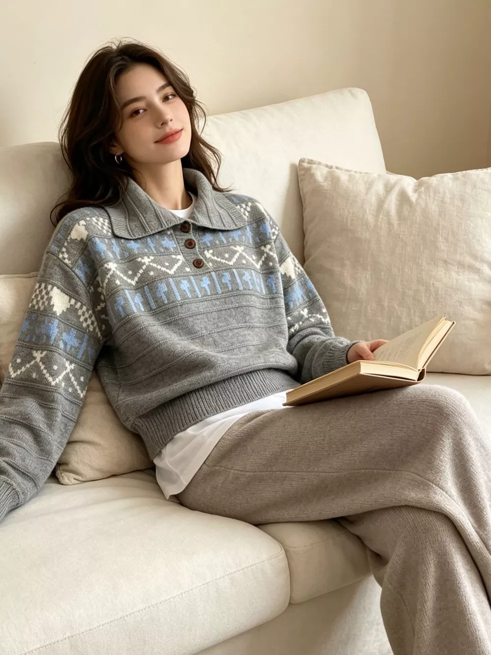Vintage-Inspired Fair Isle Patterned Polo Sweater, image 17