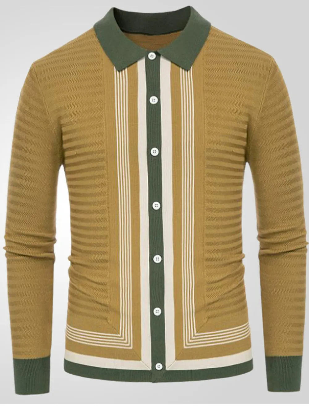 Men's Plus Size Striped Button Up Long Sleeve Polo, image 5