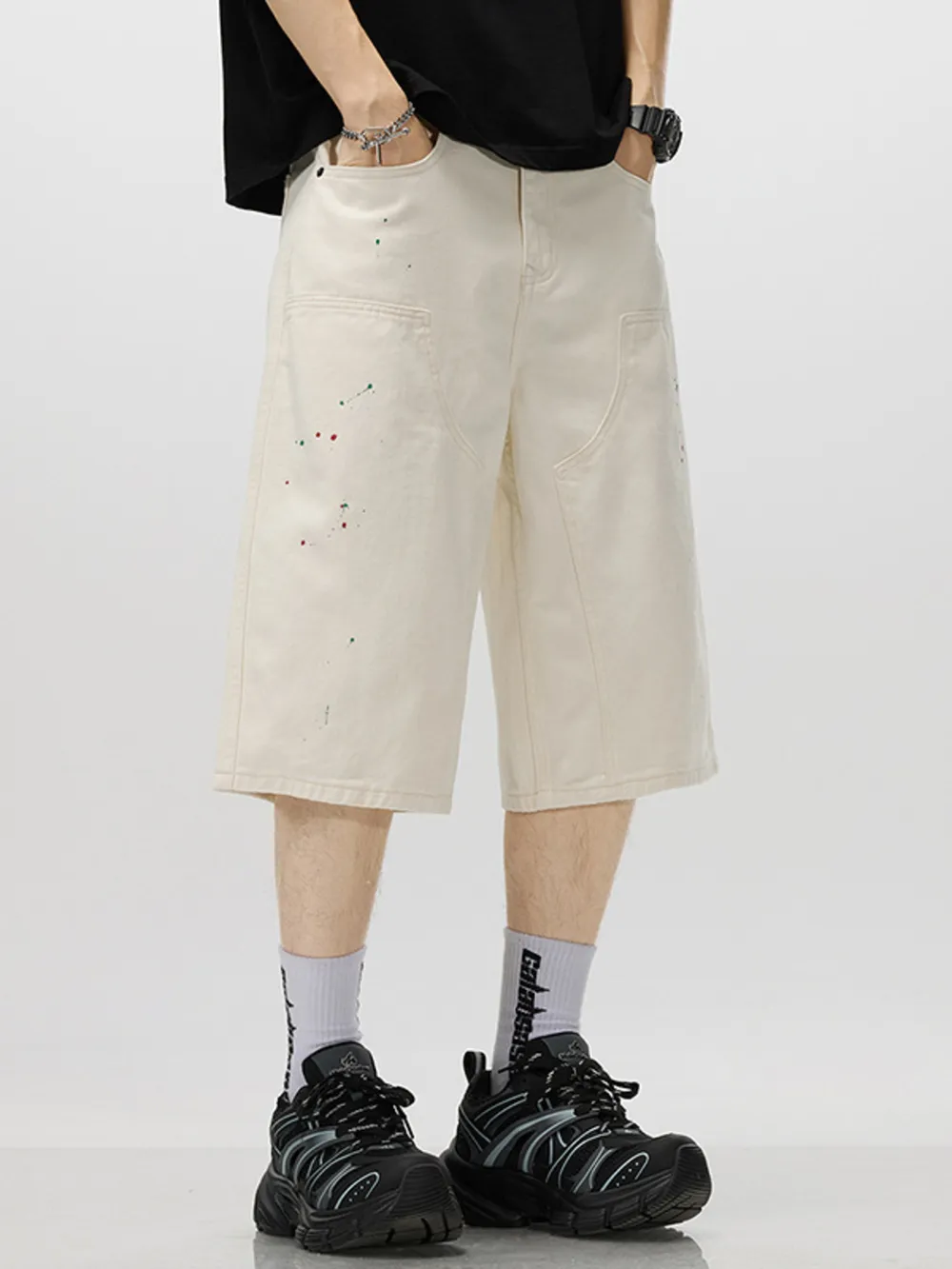Men's Loose-Fit Splatter-Paint Denim Capris, image 4