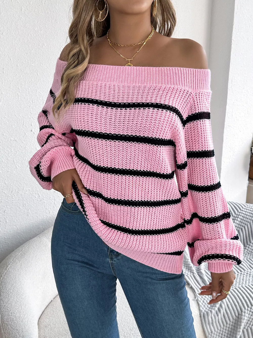 Off-Shoulder Striped Contrast Sweater, image 2