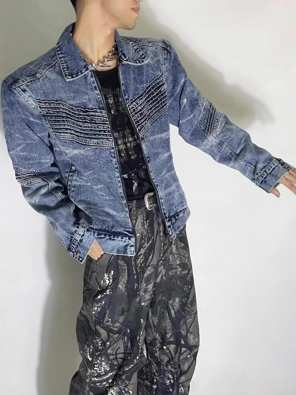 Men's Washed Zip Up Denim Jacket, image 3
