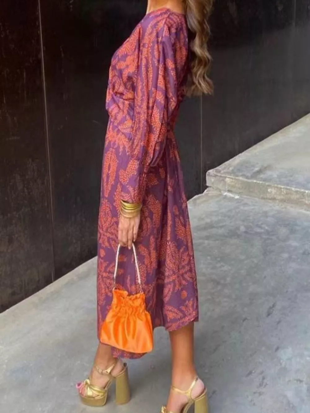 Full Size Printed V-Neck Long Sleeve Twisted Midi Dress Plus Size, image 4