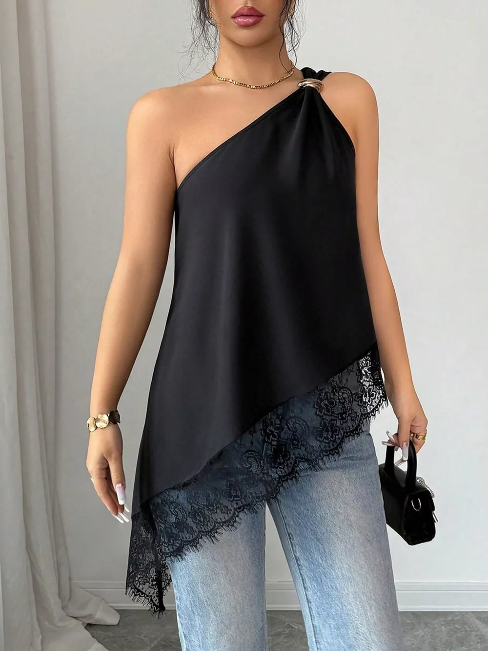 Asymmetrical One-Shoulder Lace Trim Cami, image 2