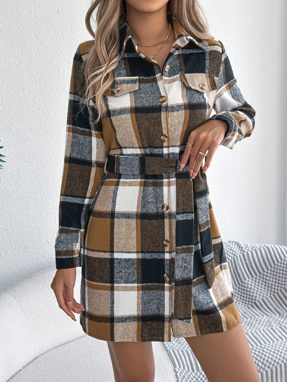 Plaid Button Front Tie Waist Shirt Dress, image 5