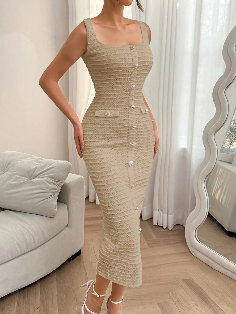 Slit Square Neck Sleeveless Midi Dress