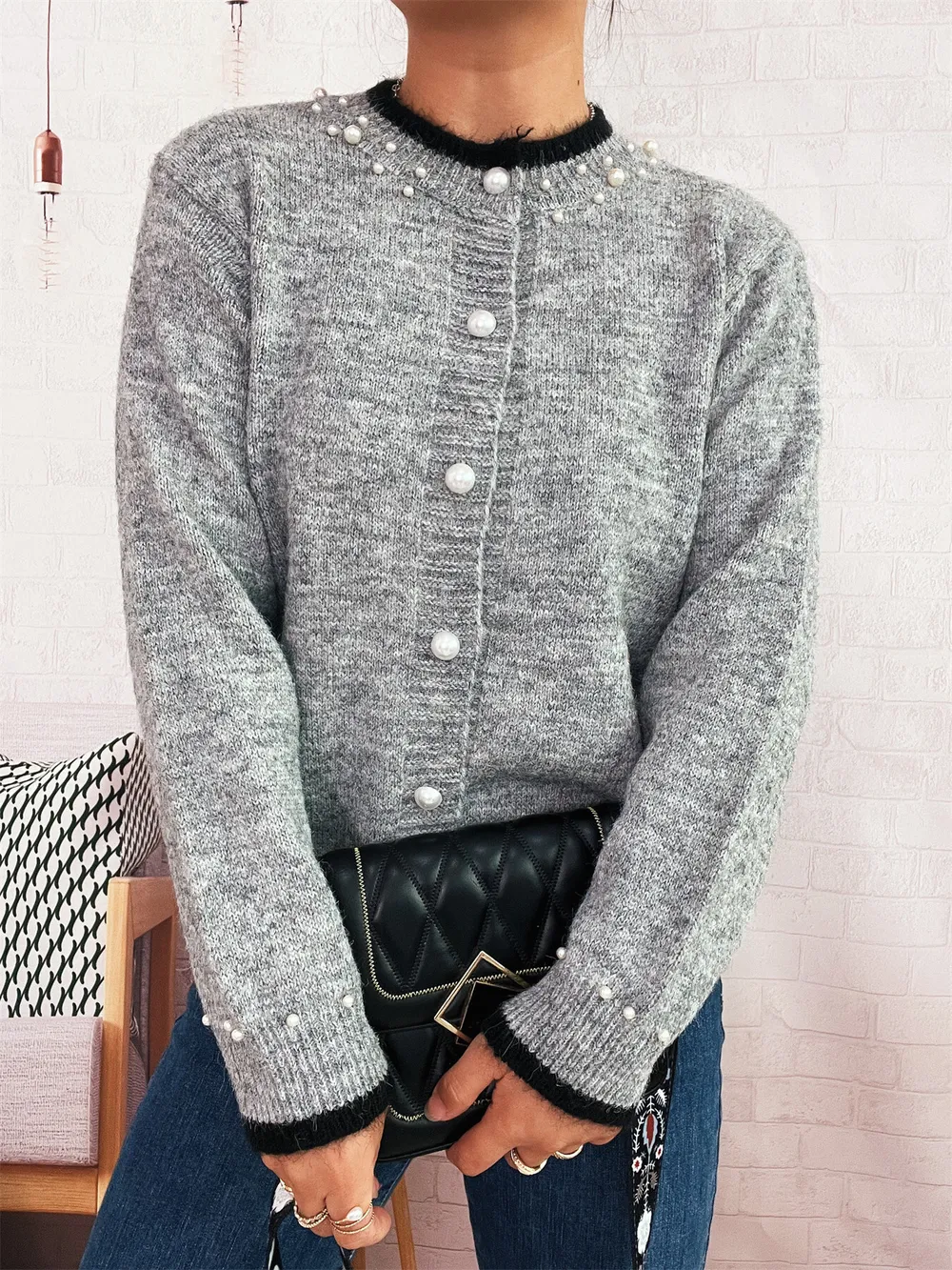 Pearl Embellished Button-Front Cardigan, image 17