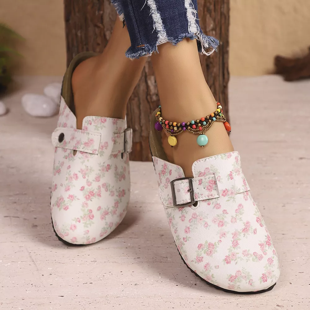Floral Print Buckle Decor Slip-Ons