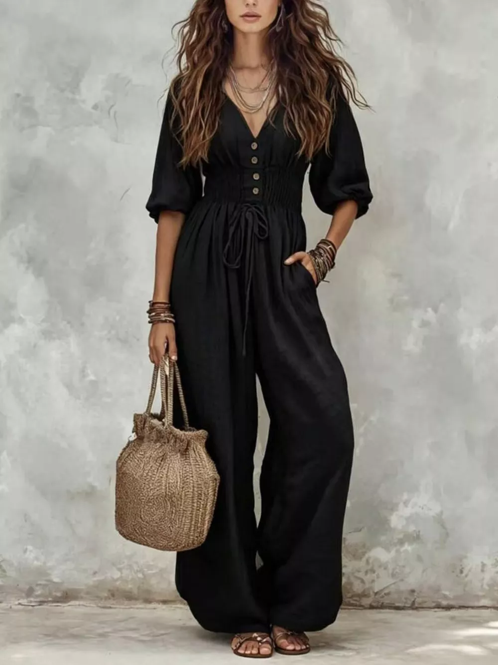 V-Neck Smocked Waist Wide-Leg Jumpsuit, image 10