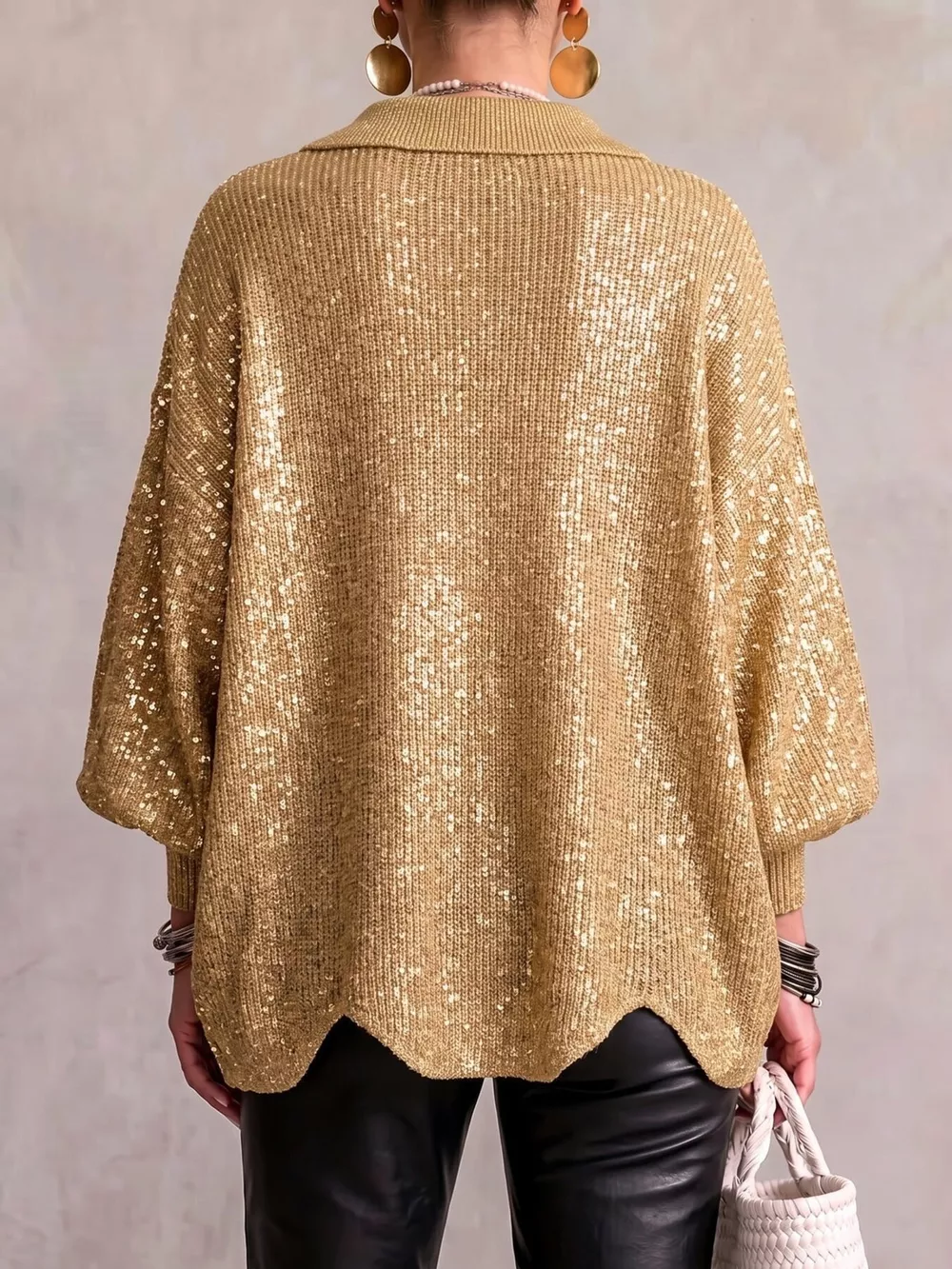 Full Size Collared Wavy Hem Knit Cardigan with Metal Button Plus Size, image 2