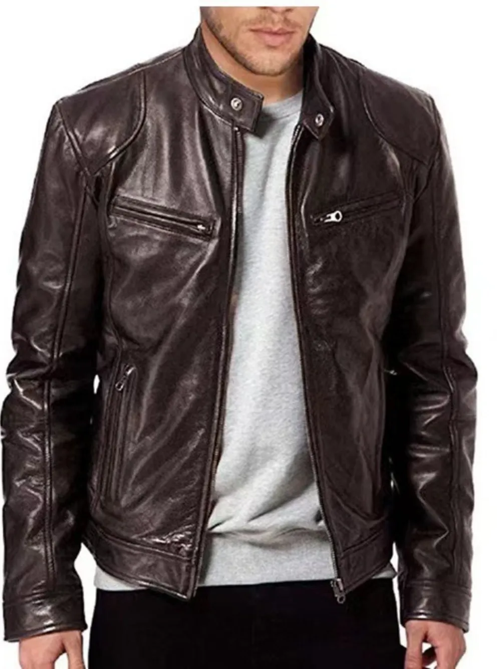 Men's Full Size Leather Biker Jacket with Zipper Pockets Plus Size, image 7
