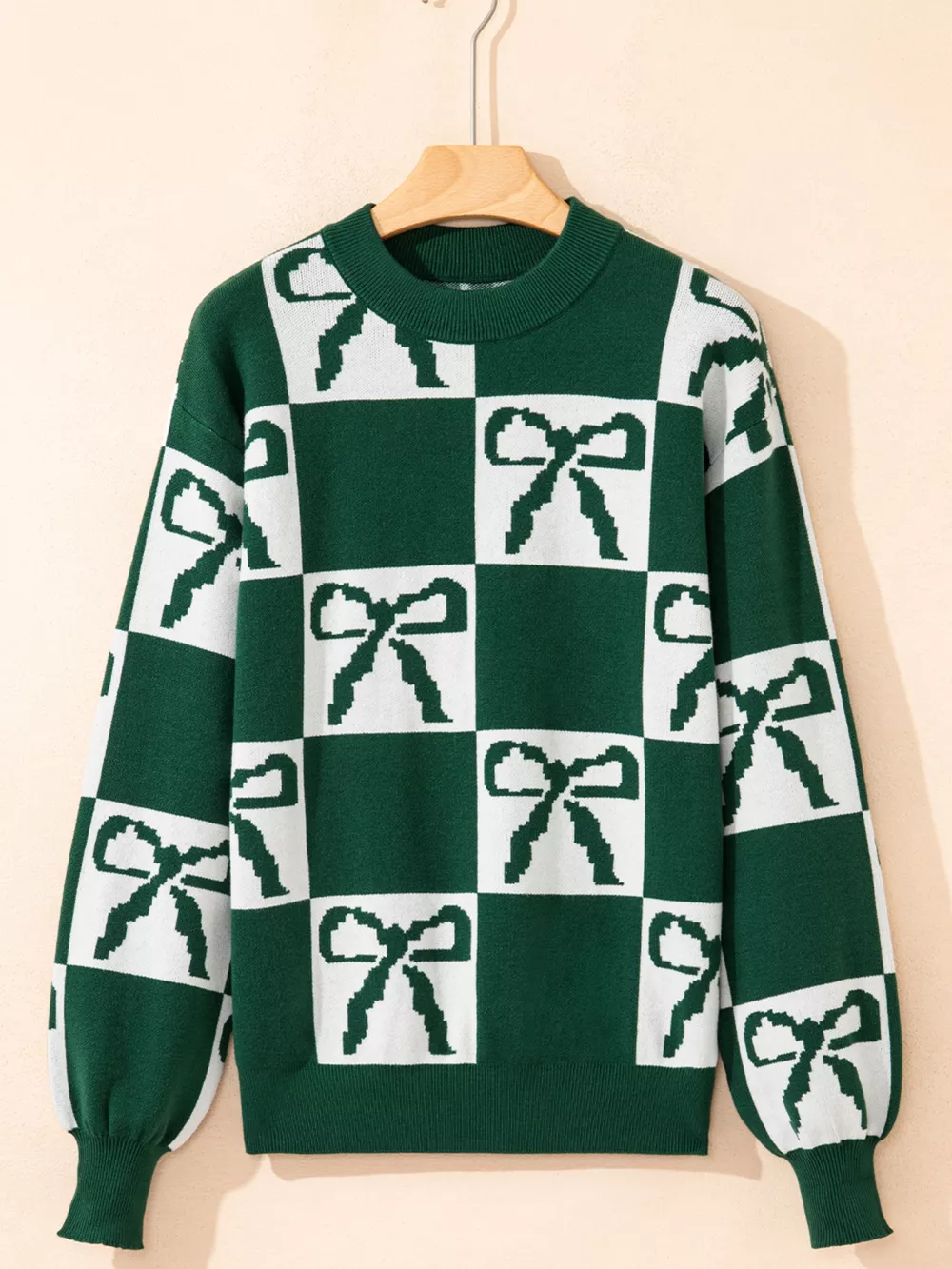 Checkered Bow Round Neck Casual Sweater, image 8