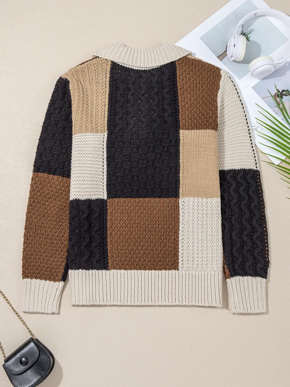 Multicolour Color Block Cable Knit Sleeve Buttons Collared Sweater, image 4