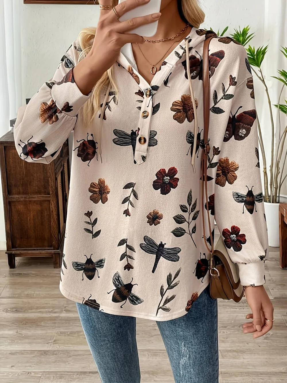 Drawstring Button Front Printed Hoodie, image 3