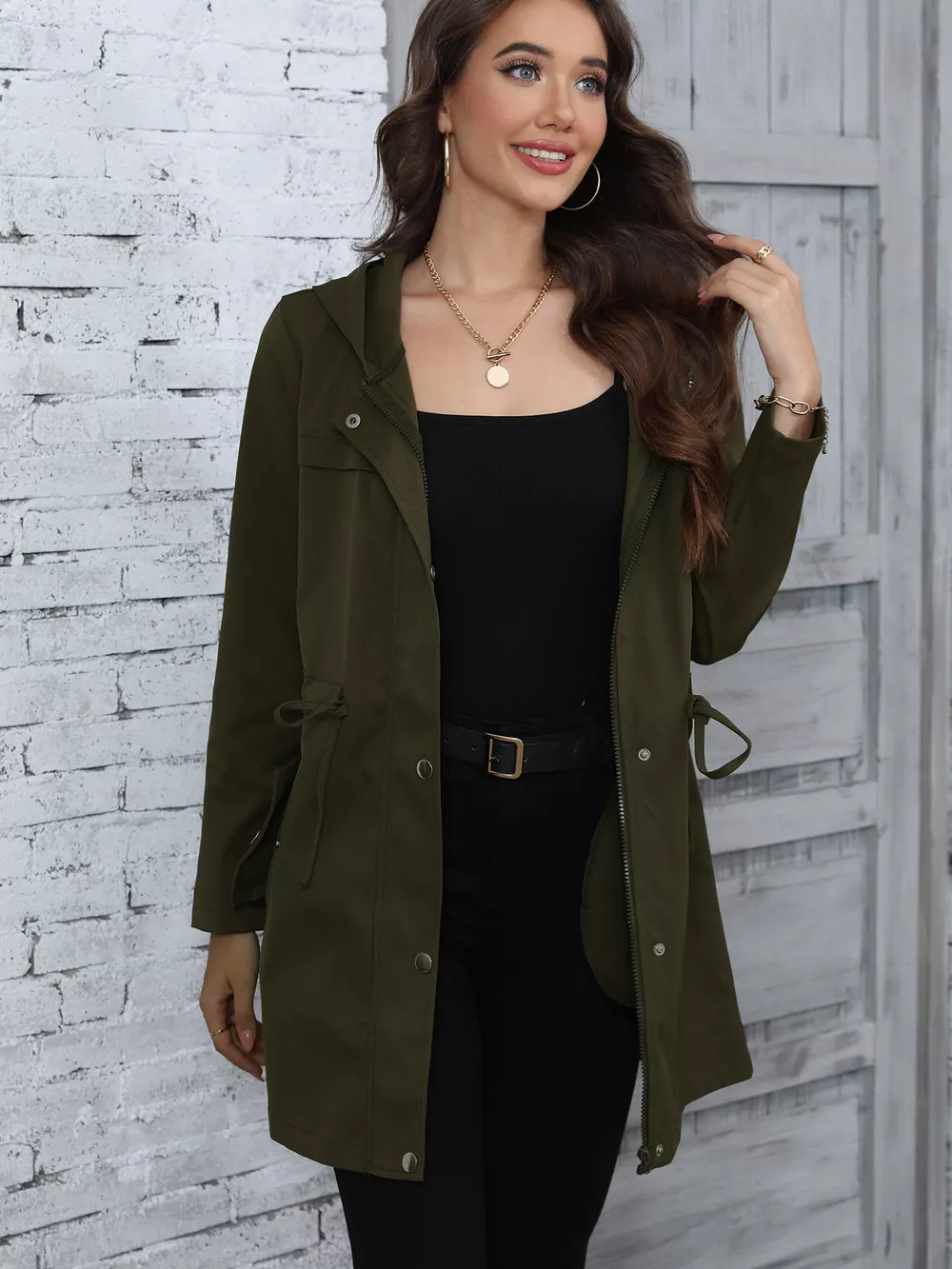 Hooded Drawstring Waist Casual Outerwear, image 4