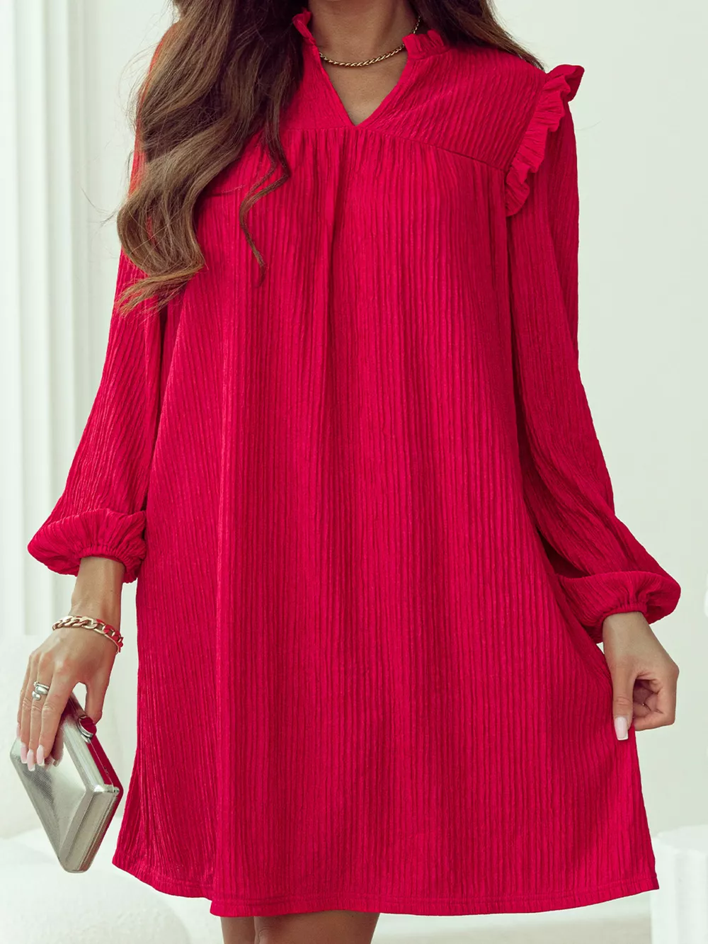 Textured Ruffled Trim Loose Fit Mini Dress, image 7