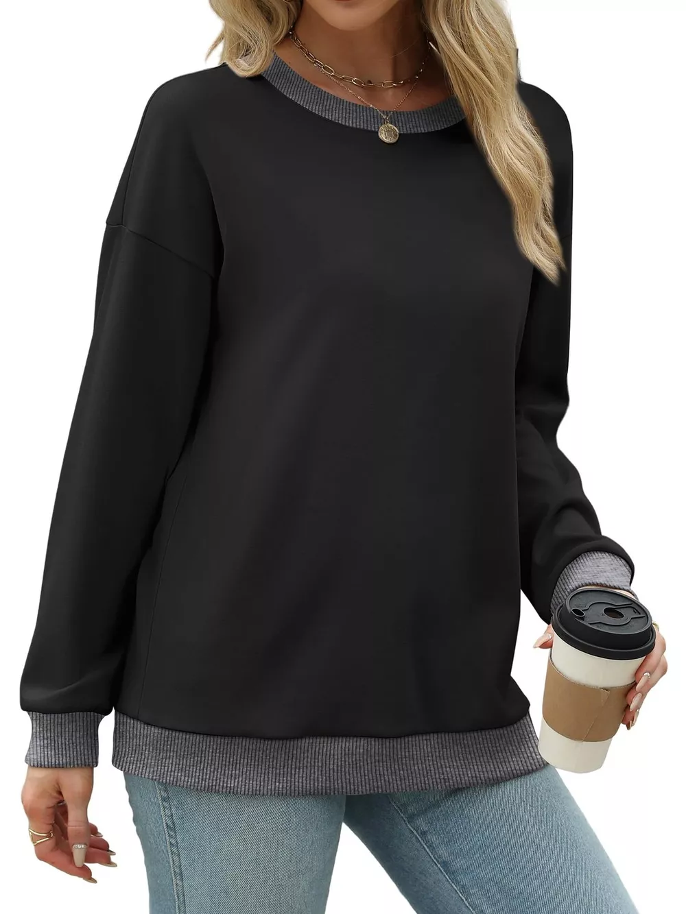 Contrast Trim Crew Neck Casual Sweatshirt, image 6