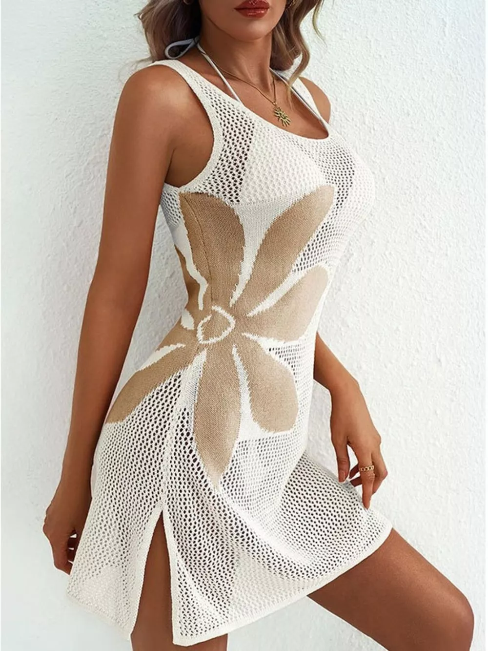 Side Slit Flower Crochet Knit Cover Up Dress, image 13