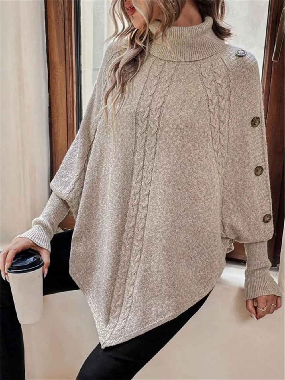 Cable Knit Turtleneck Cape Sweater, image 3