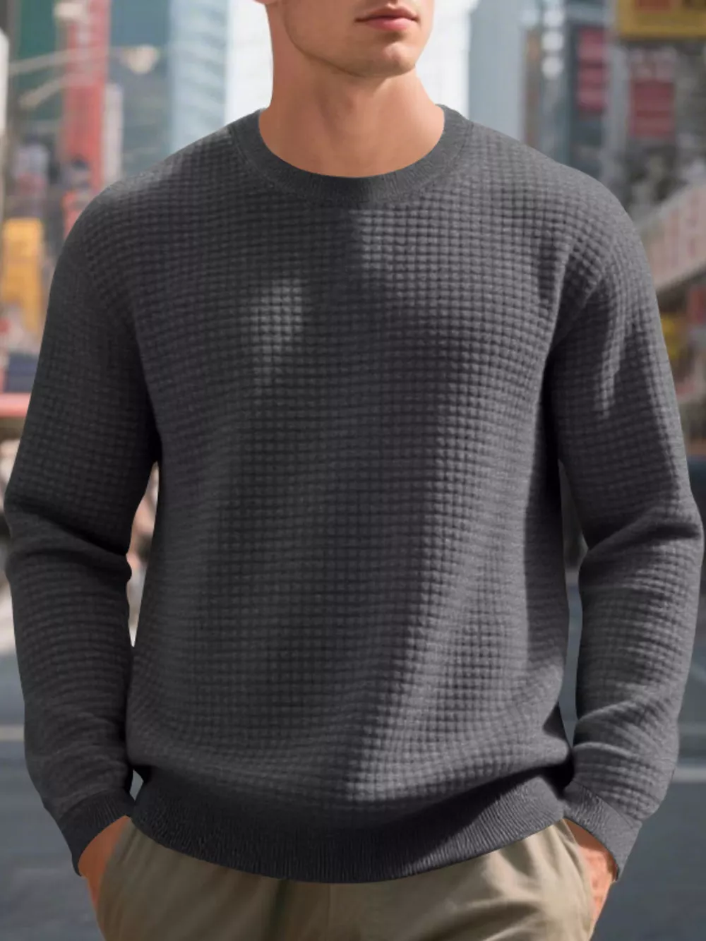 Men's Full Size Classic Waffle-Knit Crew Neck Sweatshirt Plus Size, image 12