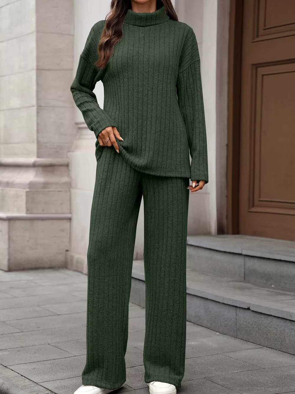 Ribbed Turtleneck Dropped Shoulder Top and Pants Sweater Set, image 13