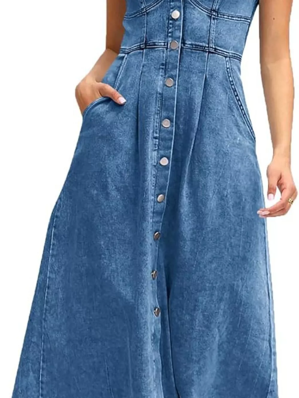Smocked Back Button Front Denim Midi Dress, image 7