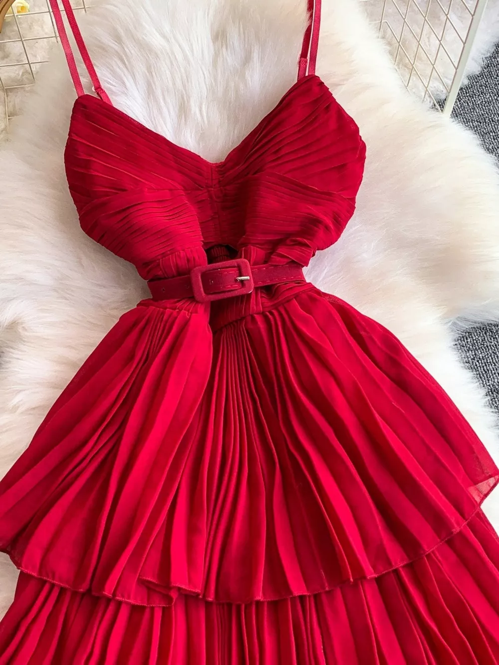 Pleated Layered Spaghetti Strap Midi Dress, image 21